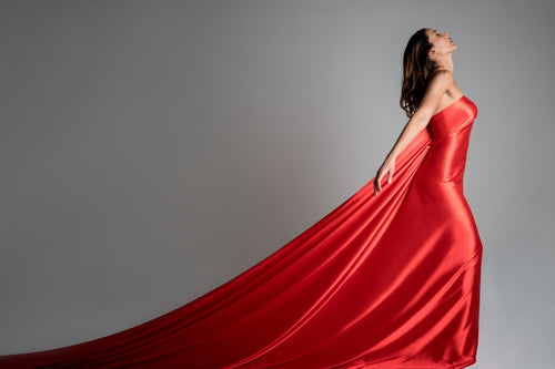 A woman in a red dress.