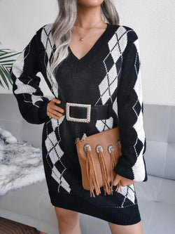 Rhombus Knitted Sweater Dress Dress (Without Belt)