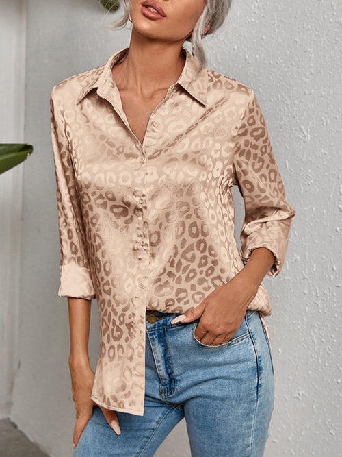Open Button Leopard Jacquard Long-Sleeved Shirt