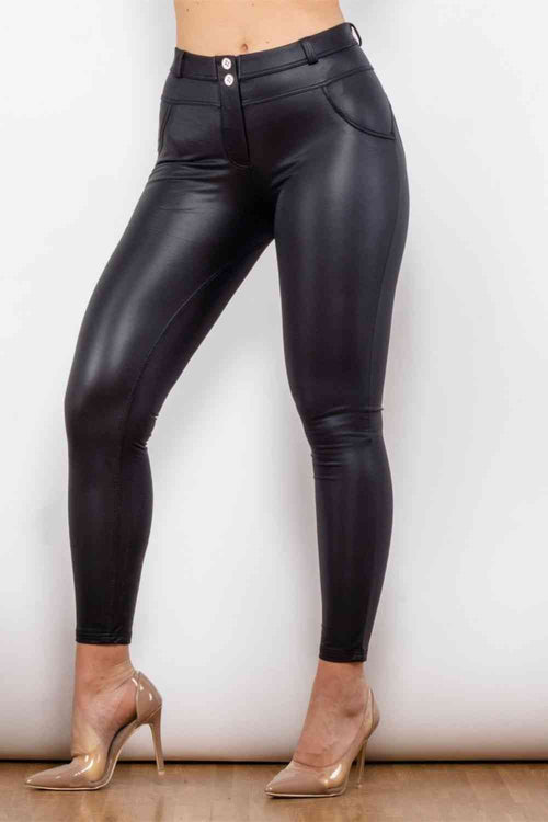 Full Size PU Leather Buttoned Pants