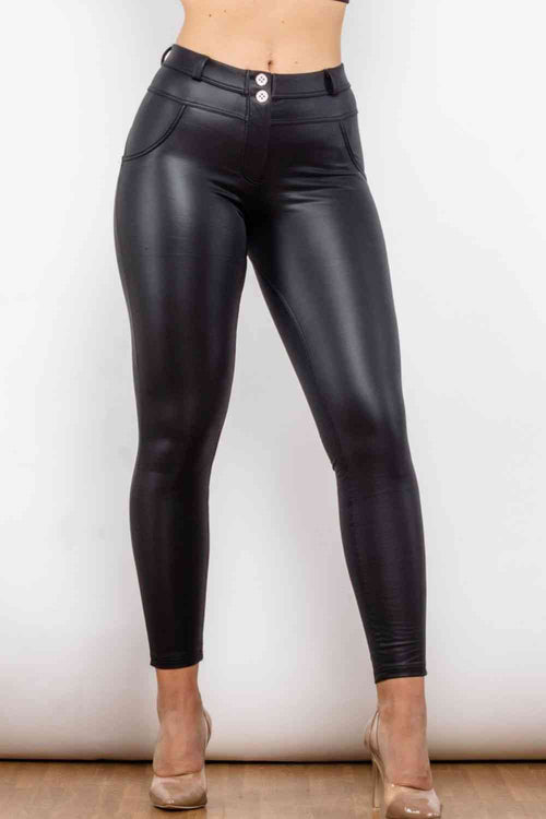 Full Size PU Leather Buttoned Pants