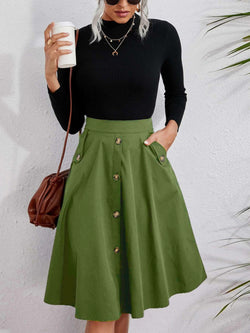 Pocket Button Elegant Midi Skirt