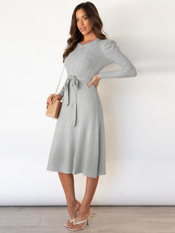 Wool Knitted Puff Sleeve High Waist Mid Length Dress