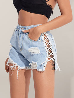 Sexy Lace-Up Ripped Denim Shorts