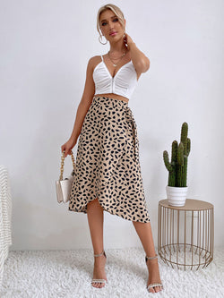 All-Match Polka Dot Print Slit Skirt