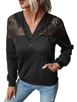 Long-Sleeved Black Lace Stitching Hooded Sweater