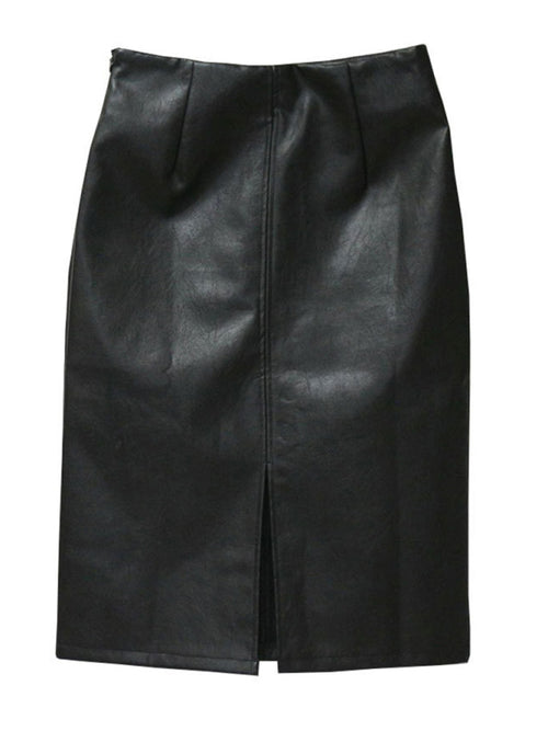 Slim Fit Hip Covering Spliced Slit Leather Skirt