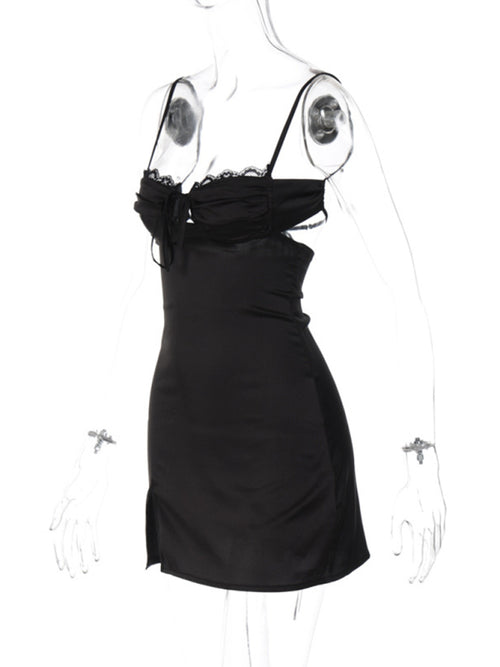 V-Neck Lace-Up Hip-Covering Dress With Slits