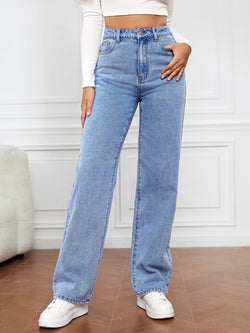 High Waist Washed Straight Leg Jeans
